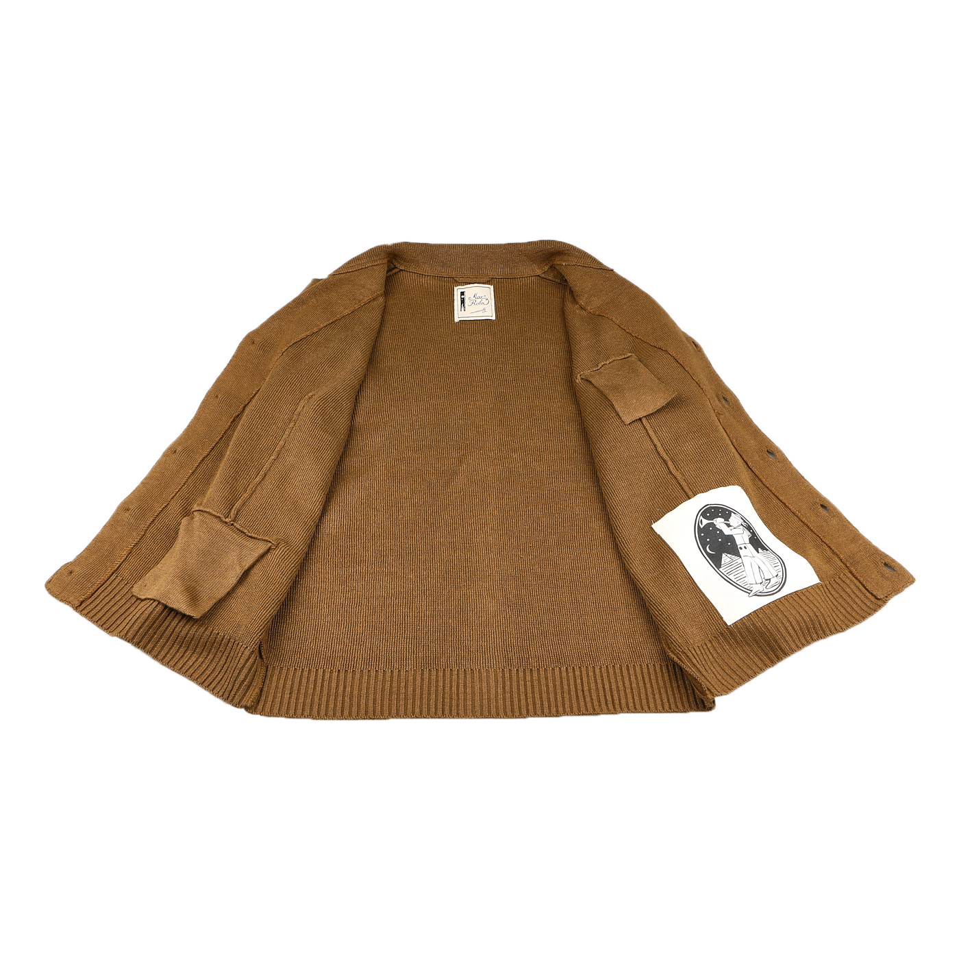 The Tobacco Brown Linen Max 3 Chore Jacket from Max Rohr exudes sartorial elegance as it lays open on a white background, revealing its labels and a picture on the right inner side.