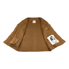 The Tobacco Brown Linen Max 3 Chore Jacket from Max Rohr exudes sartorial elegance as it lays open on a white background, revealing its labels and a picture on the right inner side.