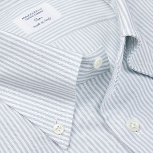 Close-up of a Green Striped Albini Cotton Oxford BD Slim shirt with a collar label indicating "made in Italy" by Italian shirtmaker Mazzarelli.