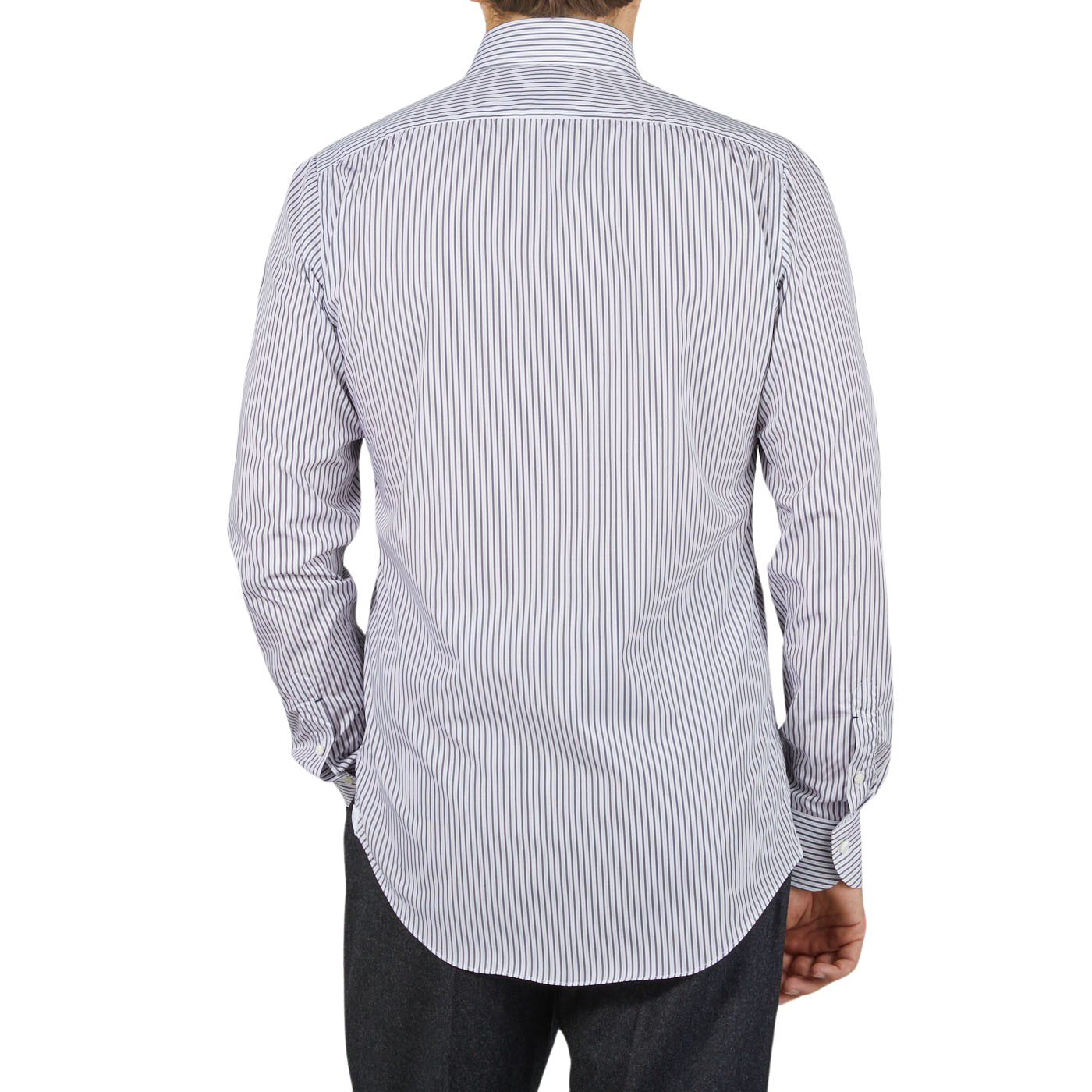 The back view of a man wearing a Mazzarelli White Grey Vintage Striped Cotton BD Slim Shirt.