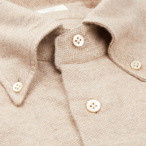 A close up of a slim, Mazzarelli beige cotton flannel BD slim shirt with buttons.