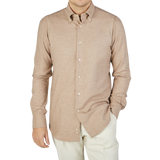 A slim man in Mazzarelli's Beige Cotton Flannel BD Slim Shirt.
