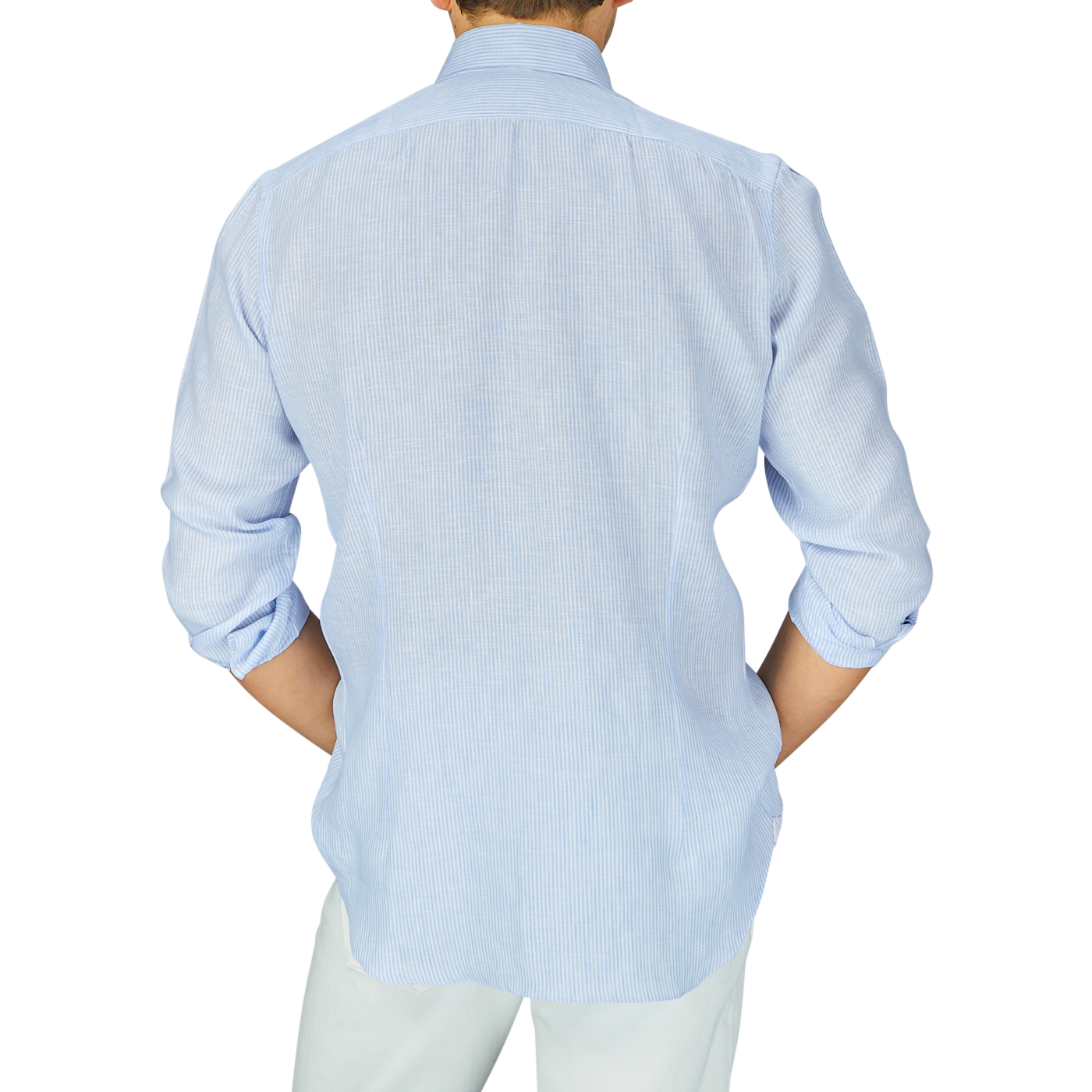 A person viewed from behind, wearing a Mazzarelli Blue Striped Organic Linen BD Regular Fit Shirt and light-colored pants.