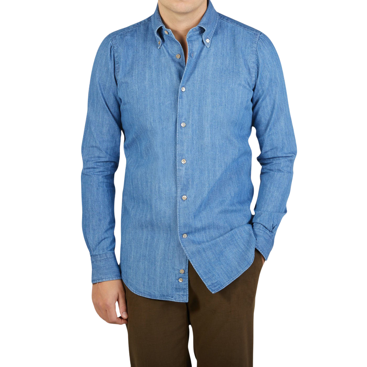 Mazzarelli | Blue Washed Cotton Denim BD Slim Shirt