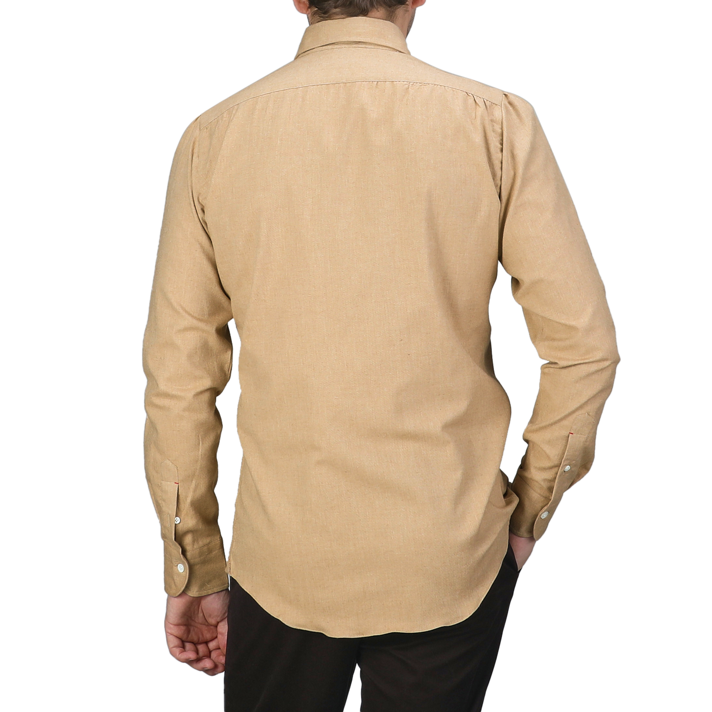 A person is seen from the back wearing the Mazzarelli Camel Beige Brushed Cotton Twill BD Slim Shirt paired with dark pants against a gray background.