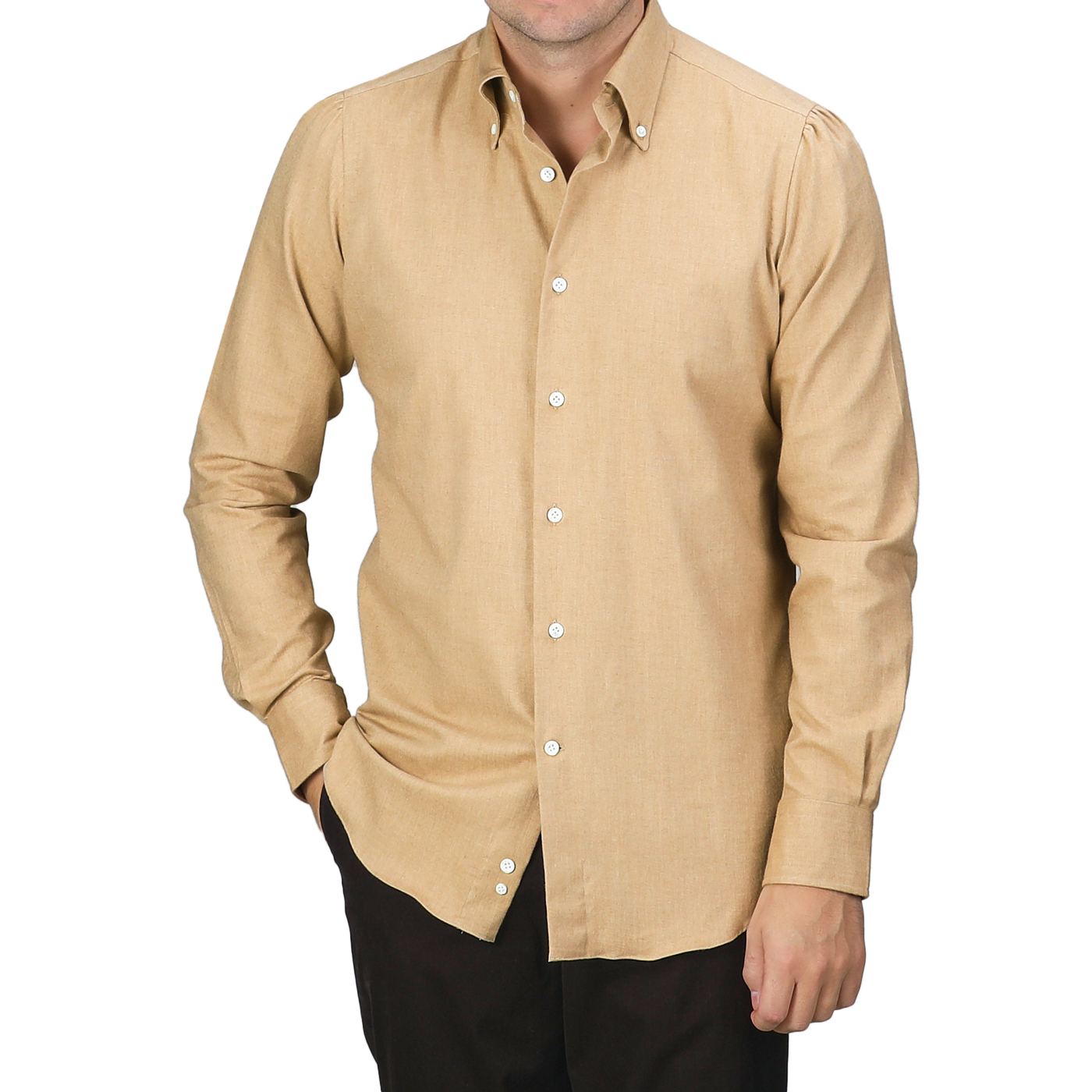 A man stands against a plain background, wearing the Mazzarelli Camel Beige Brushed Cotton Twill BD Slim Shirt with long sleeves and dark pants.