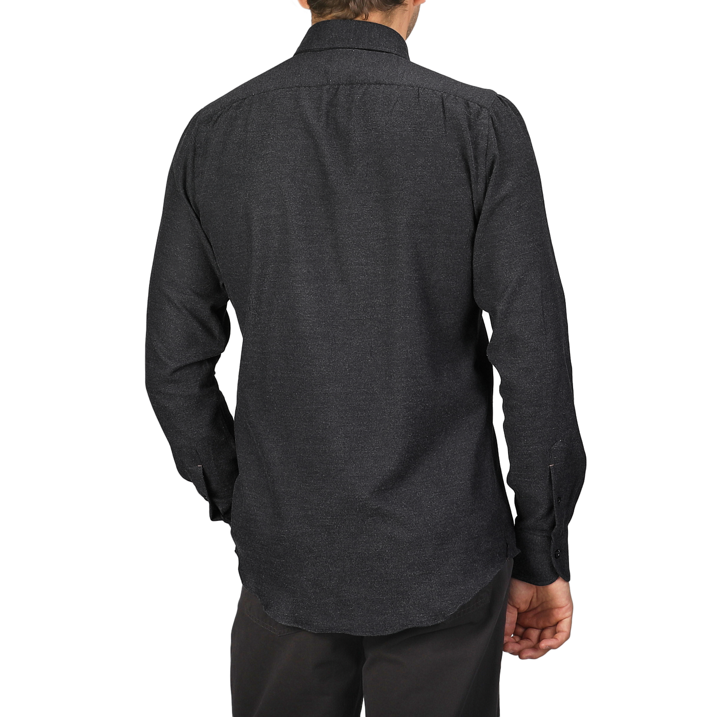 A person is wearing a Charcoal Grey Brushed Cotton Twill BD Slim Shirt by Mazzarelli and dark pants, shown from the back.