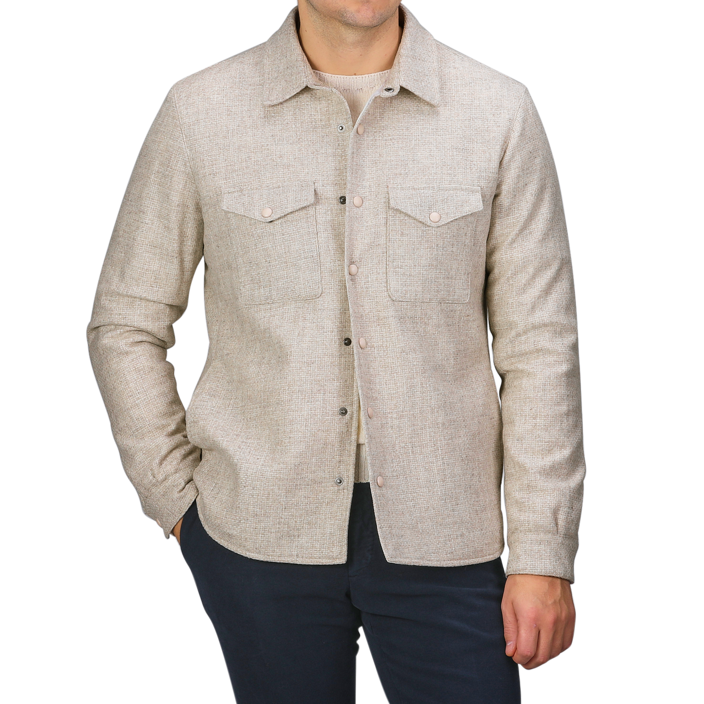 A person wearing a Cream Beige Wool Cashmere Padded Overshirt by Mazzarelli, featuring two chest pockets, stands against a neutral background. The lower part of the face is not visible.