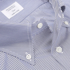 Close-up of the Dark Blue Thin Striped Cotton BD Slim Shirt, expertly crafted by renowned Italian shirtmaker Mazzarelli. Made in Italy with pure cotton, it proudly displays the brand's label.