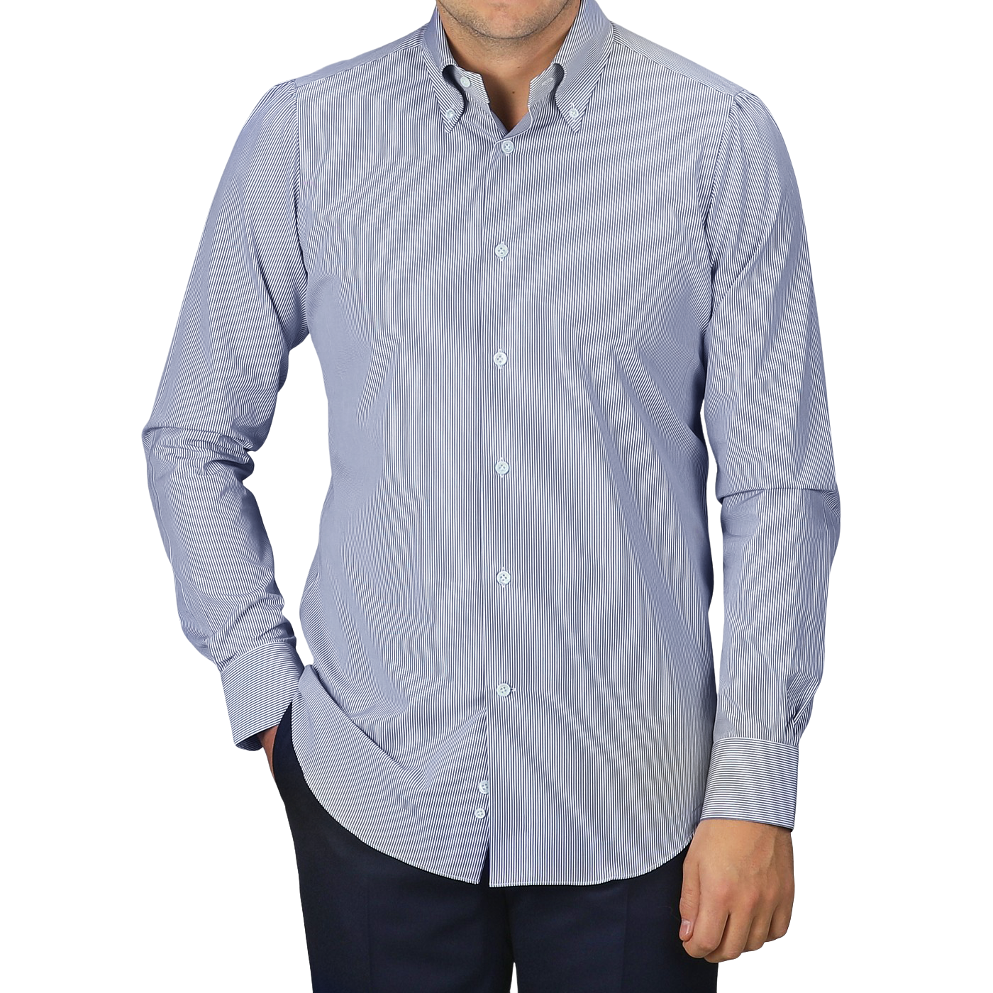 A person dressed in a Dark Blue Thin Striped Cotton BD Slim Shirt by Mazzarelli and dark pants stands against a gray background, showcasing the timeless craft of an Italian shirtmaker.