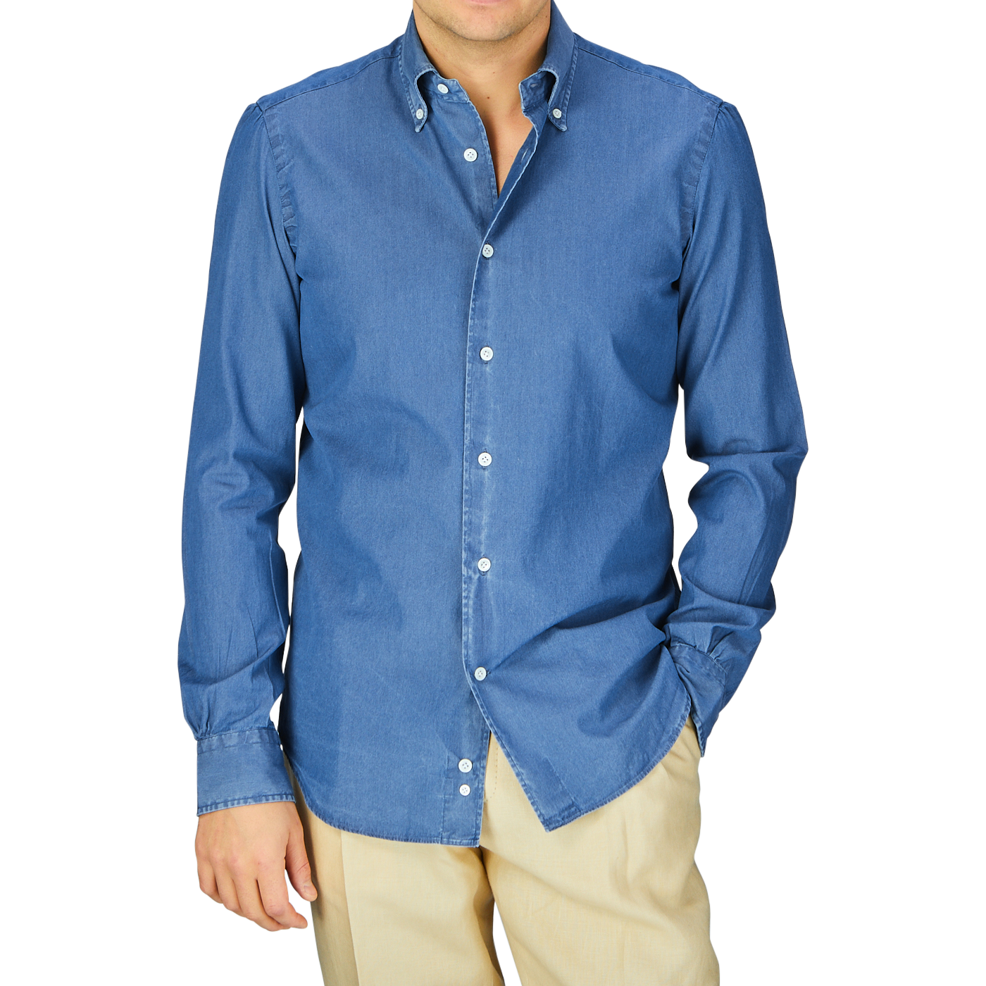 Man wearing a Dark Denim Washed Cotton BD Regular Fit Shirt by Mazzarelli and beige pants.