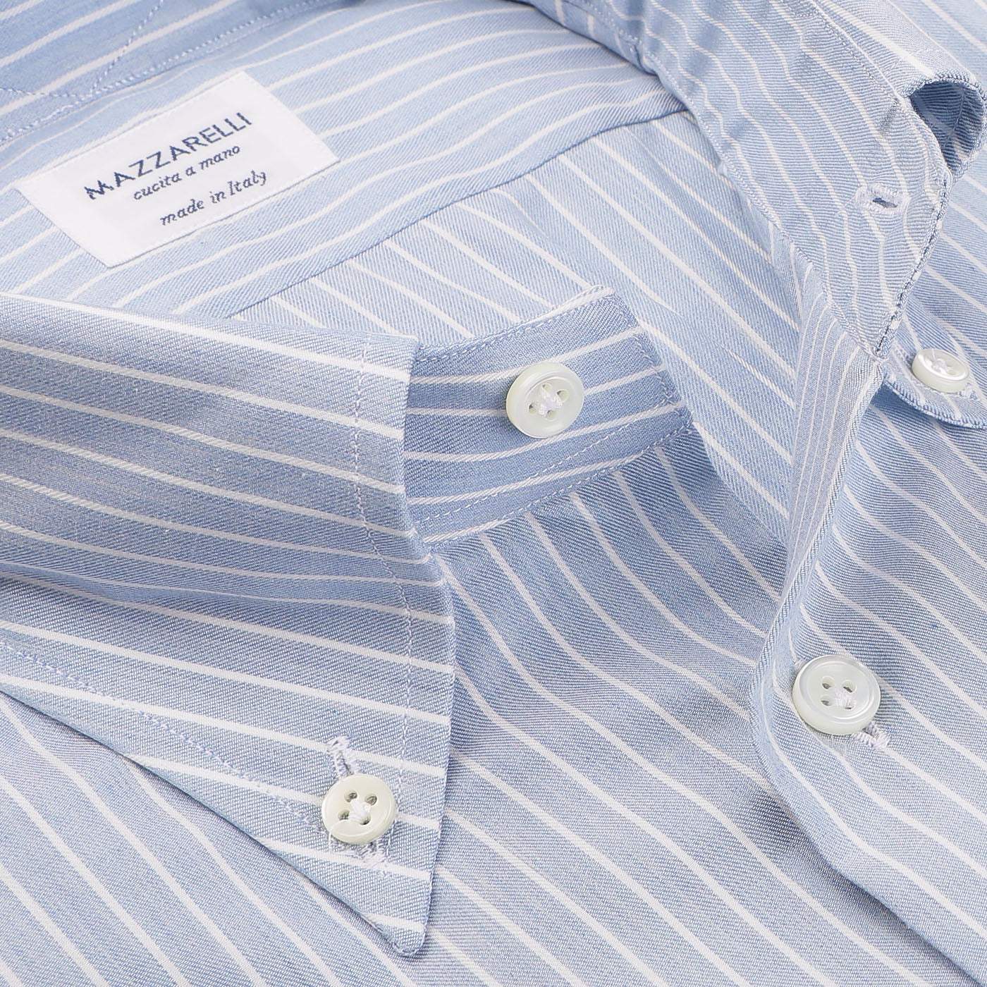 Close-up of the Denim Blue Striped Cotton BD Regular Shirt by Mazzarelli, showcasing its spread collar, regular fit design, and buttons.