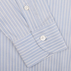 Close-up of the Denim Blue Striped Cotton BD Regular Shirt cuff by Mazzarelli, featuring two white buttons and a regular-fit design that exudes timeless elegance.