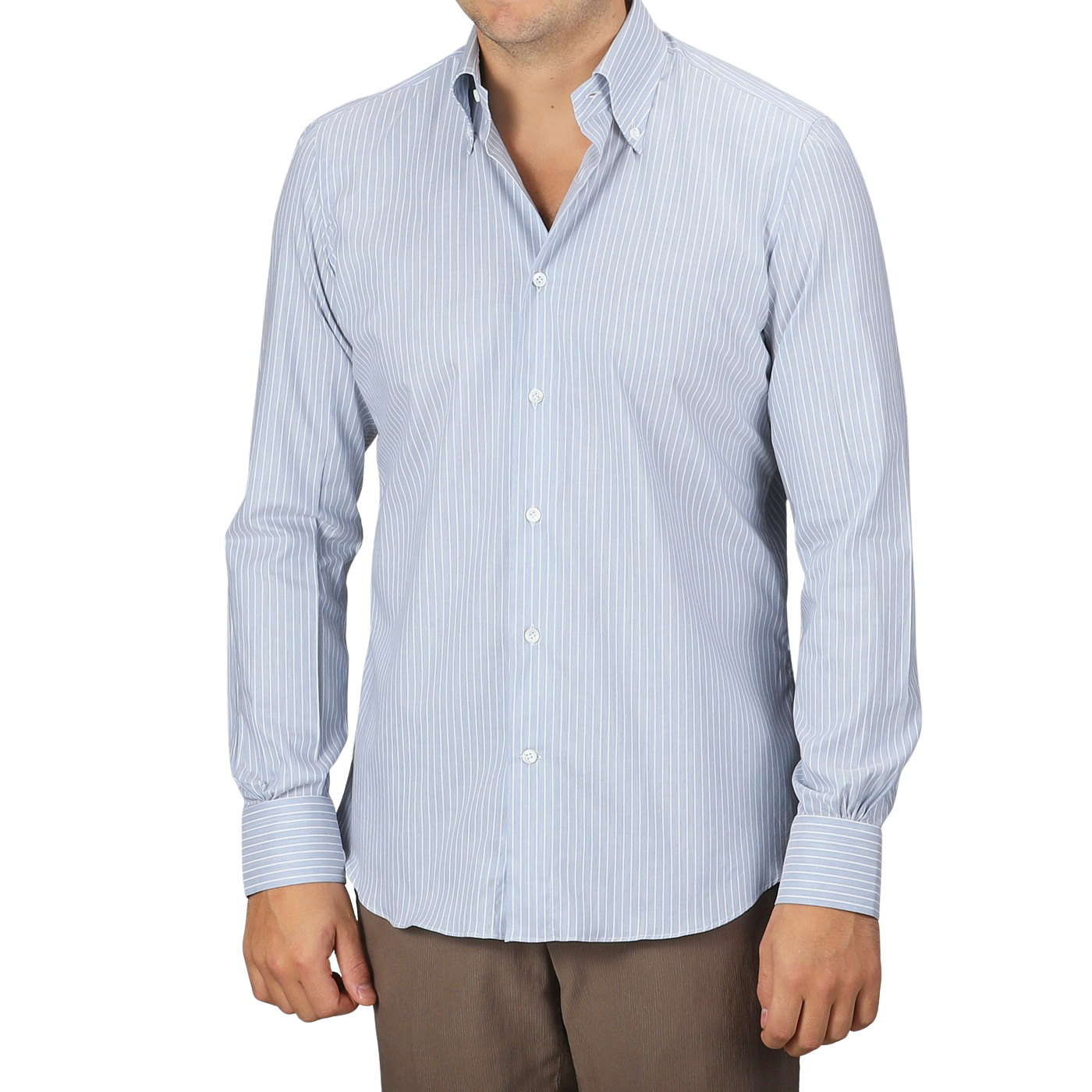 The individual is dressed in a Mazzarelli Denim Blue Striped Cotton BD Regular Shirt, featuring long sleeves and a button-down collar, perfectly paired with brown pants to effortlessly enhance their style.