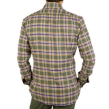 The back view of a man wearing a Mazzarelli Green Checked Brushed Cotton Regular Shirt.