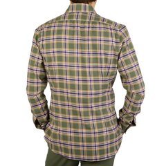 The back view of a man wearing a Mazzarelli Green Checked Brushed Cotton Regular Shirt.