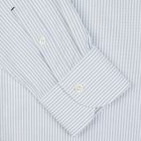 Close-up of a Green Striped Albini Cotton Oxford BD Slim Shirt with buttoned cuff crafted by Italian shirtmaker Mazzarelli from pure cotton fabric.