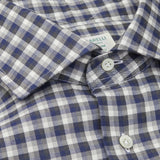 A close up of a Grey Blue Gingham Mazzarelli shirt in brushed cotton.