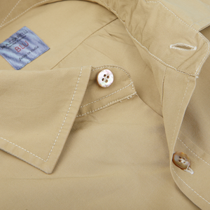 Khaki Beige Cotton Gabardine Regular Fit Shirt with detailed stitching and buttons by Italian shirtmaker Mazzarelli.