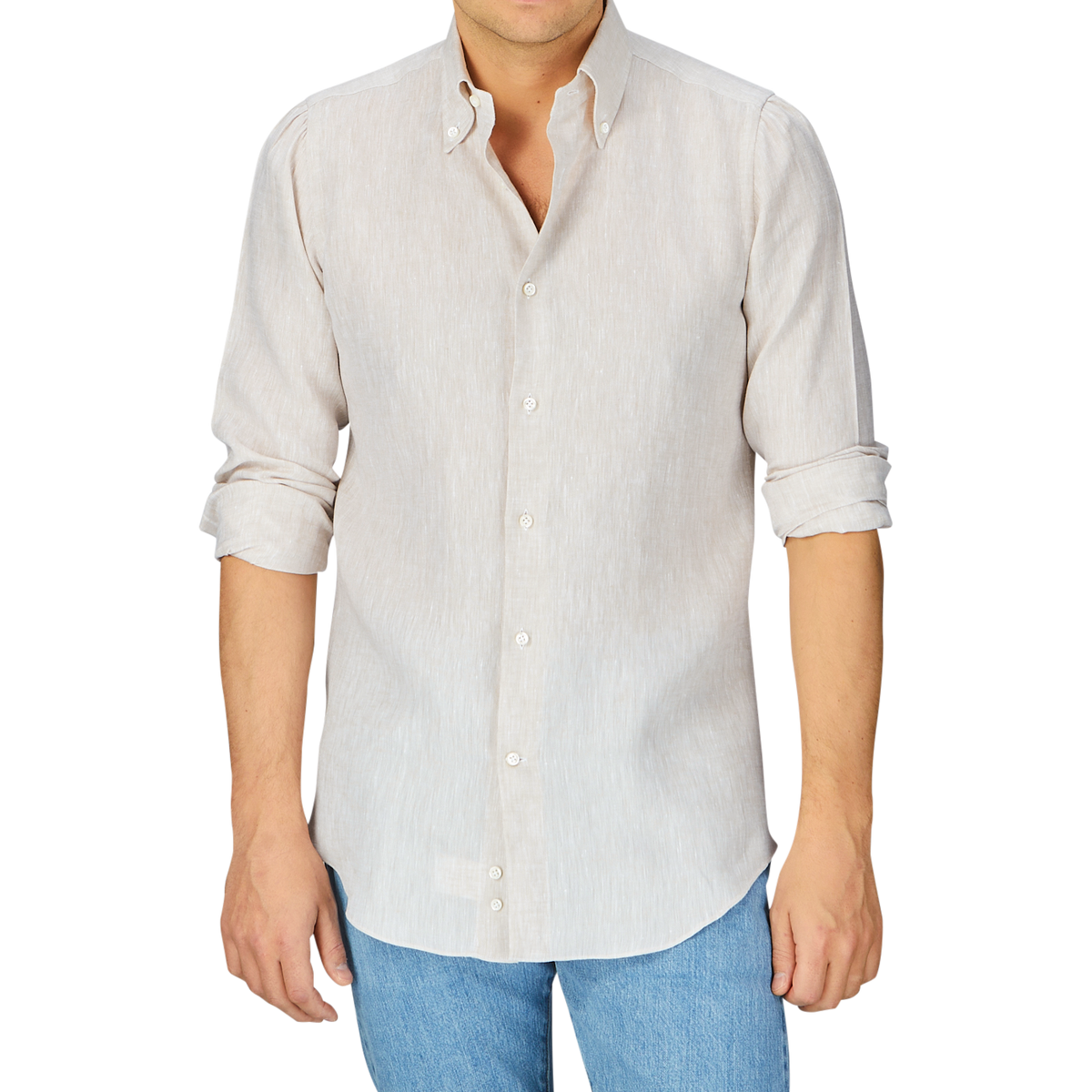 Man wearing a Mazzarelli Light Beige Organic Linen BD Slim Shirt and blue jeans.