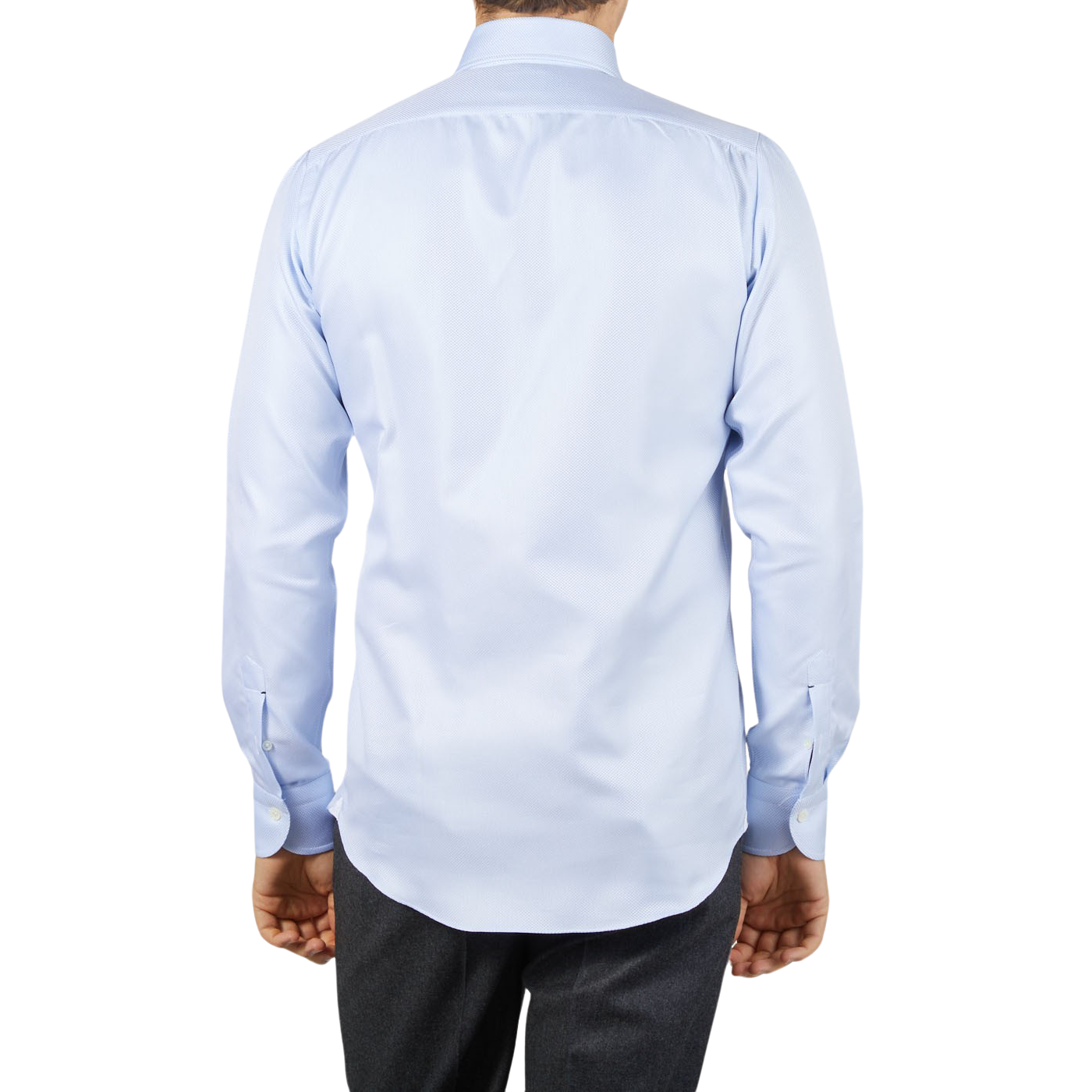 The back view of a man wearing a Mazzarelli Light Blue Houndstooth Cotton BD Slim Shirt.