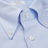 A Light Blue Houndstooth Cotton BD Slim Shirt with white buttons, crafted by Italian shirtmaker Mazzarelli.