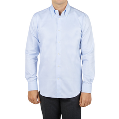 A man wearing a Mazzarelli Light Blue Houndstooth Cotton BD Slim Shirt.