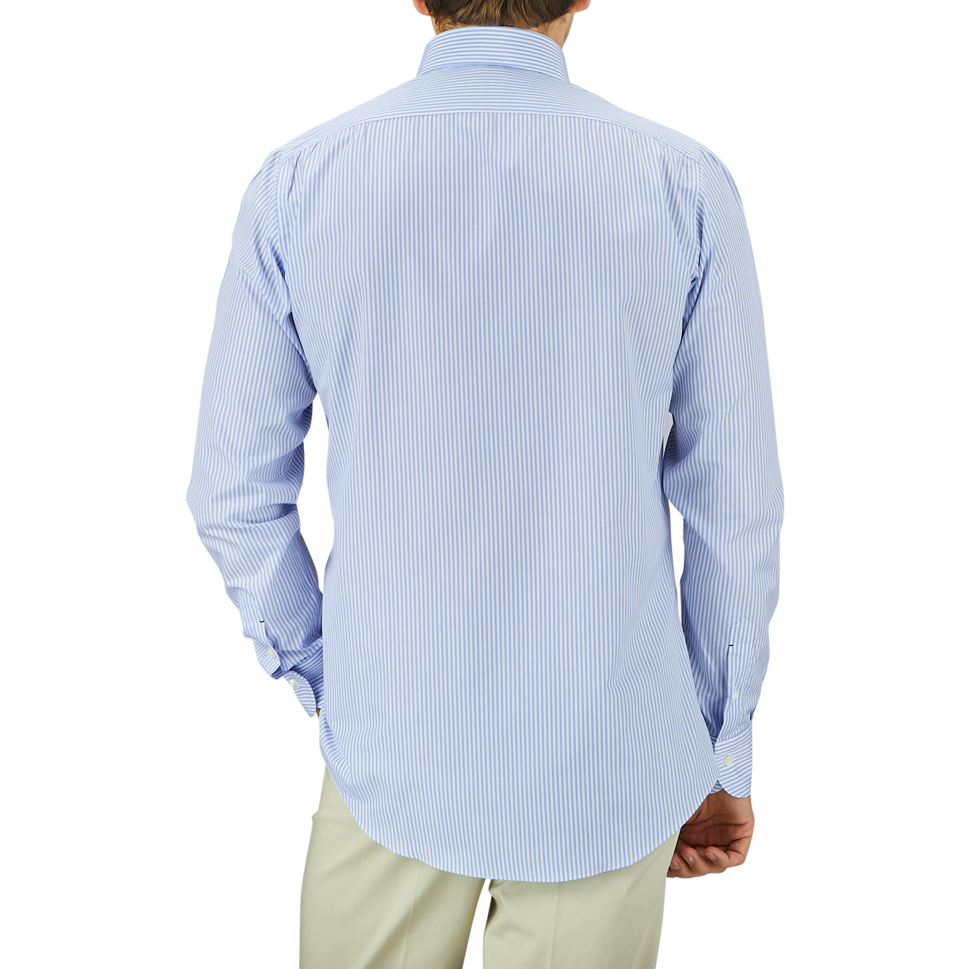 Man standing with his back to the camera wearing a Light Blue White Striped Cotton BD Slim Shirt by Mazzarelli and light green pants.