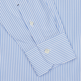 Close-up of a Mazzarelli Light Blue White Striped Cotton BD Slim Shirt showing detail of the cuff with buttons.