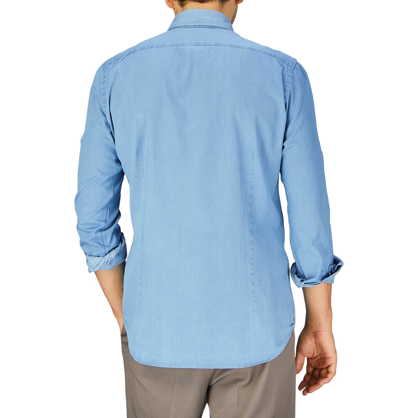 Man wearing a Mazzarelli Light Denim Washed Cotton BD Regular Fit Shirt viewed from the back.
