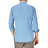 Man wearing a Mazzarelli Light Denim Washed Cotton BD Regular Fit Shirt viewed from the back.