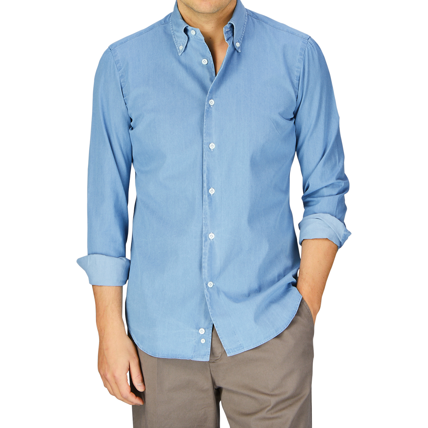 Man wearing a light blue denim shirt by Italian shirtmaker Mazzarelli and grey pants. 

Revised Sentence: Man wearing a Light Denim Washed Cotton BD Regular Fit Shirt by Italian shirtmaker Mazzarelli and grey pants.