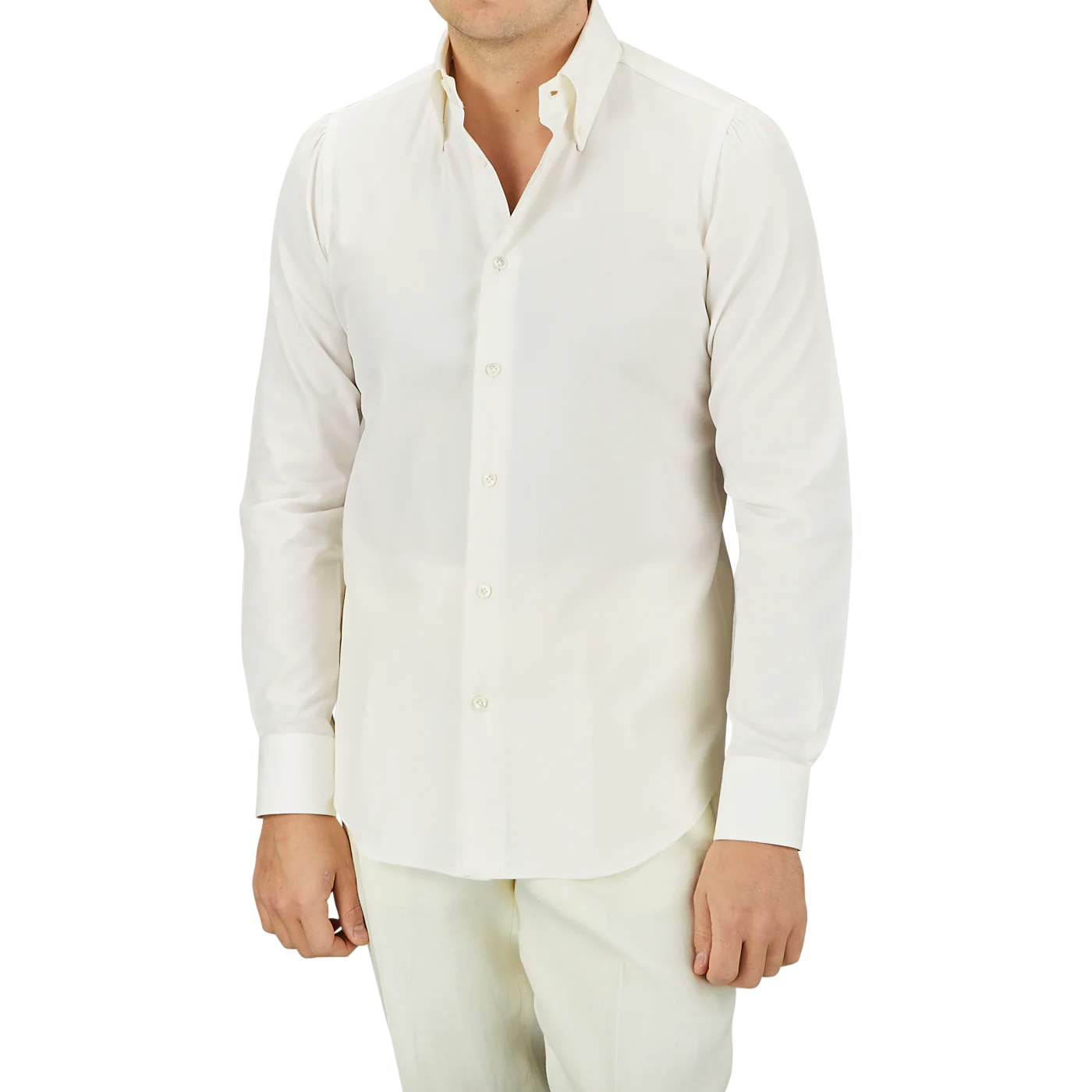 A person stands against a plain background in the Mazzarelli Off White Cotton Twill BD Slim Shirt, crafted from pure cotton twill for a refined touch.