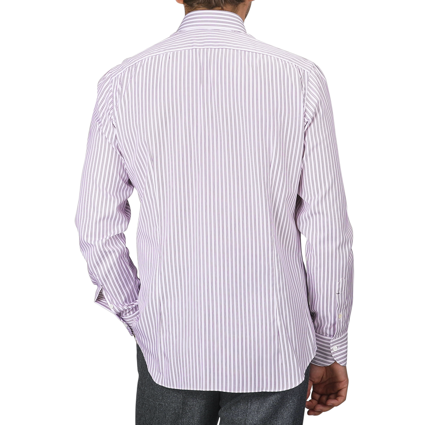 The individual is wearing a Purple Double Striped Cotton BD Regular Shirt by Mazzarelli, showcasing a long-sleeved white and purple striped design with a soft button-down collar and hand-stitched pleated shoulder, elegantly seen from the back.