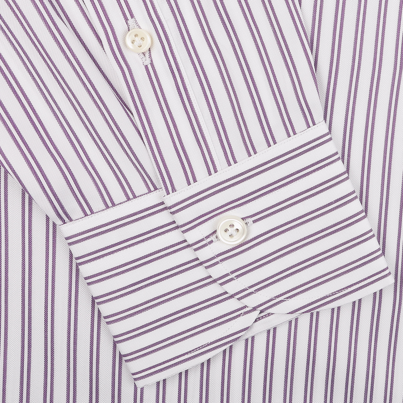 Close-up of the Mazzarelli Purple Double Striped Cotton BD Regular Shirt showcasing its soft button-down collar, white fabric with purple double stripes, and buttoned cuff.