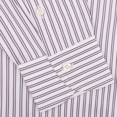 Close-up of the Mazzarelli Purple Double Striped Cotton BD Regular Shirt showcasing its soft button-down collar, white fabric with purple double stripes, and buttoned cuff.