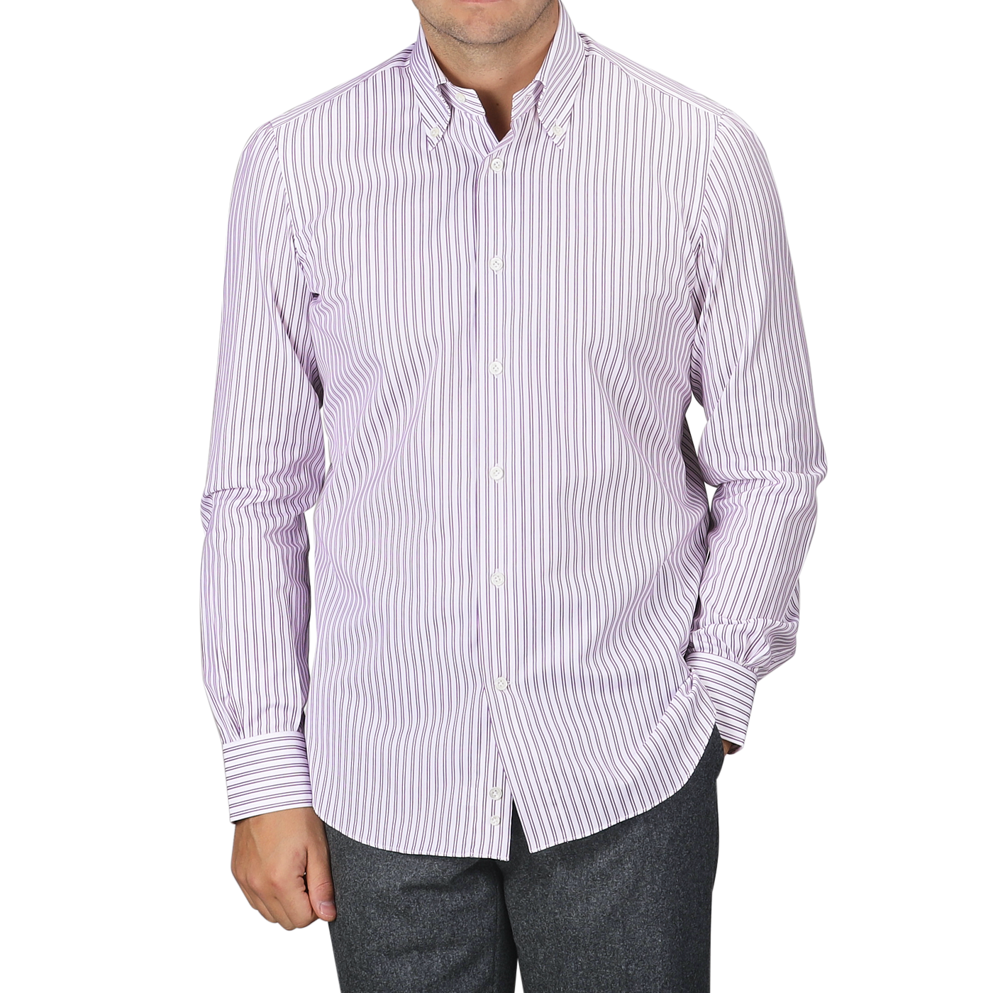 Dressed in a Mazzarelli Purple Double Striped Cotton BD Regular Shirt, featuring a soft button-down collar and hand-stitched pleated shoulder, the person paired it perfectly with grey pants, hands casually tucked in their pockets.