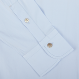 Close-up of a Mazzarelli Sky Blue Cotton Gabardine Regular Fit Shirt cuff with two buttons.