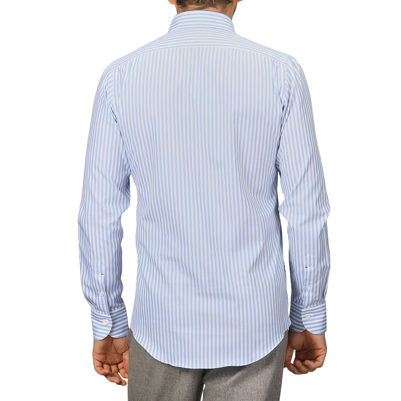 Rear view of an individual wearing the Mazzarelli White Blue Bengal Striped BD Slim Shirt, showcasing its light blue and white striped design in pinpoint cotton with hand-stitched pleated shoulders, complemented by gray pants against a plain background.