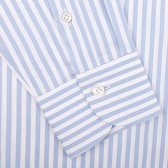 Close-up of a cuff from the Mazzarelli White Blue Bengal Striped BD Slim Shirt, crafted with luxurious pinpoint cotton and adorned with two pristine white buttons.