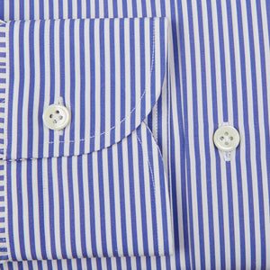 A close up of a Mazzarelli White Blue Striped Cotton BD Slim Shirt.