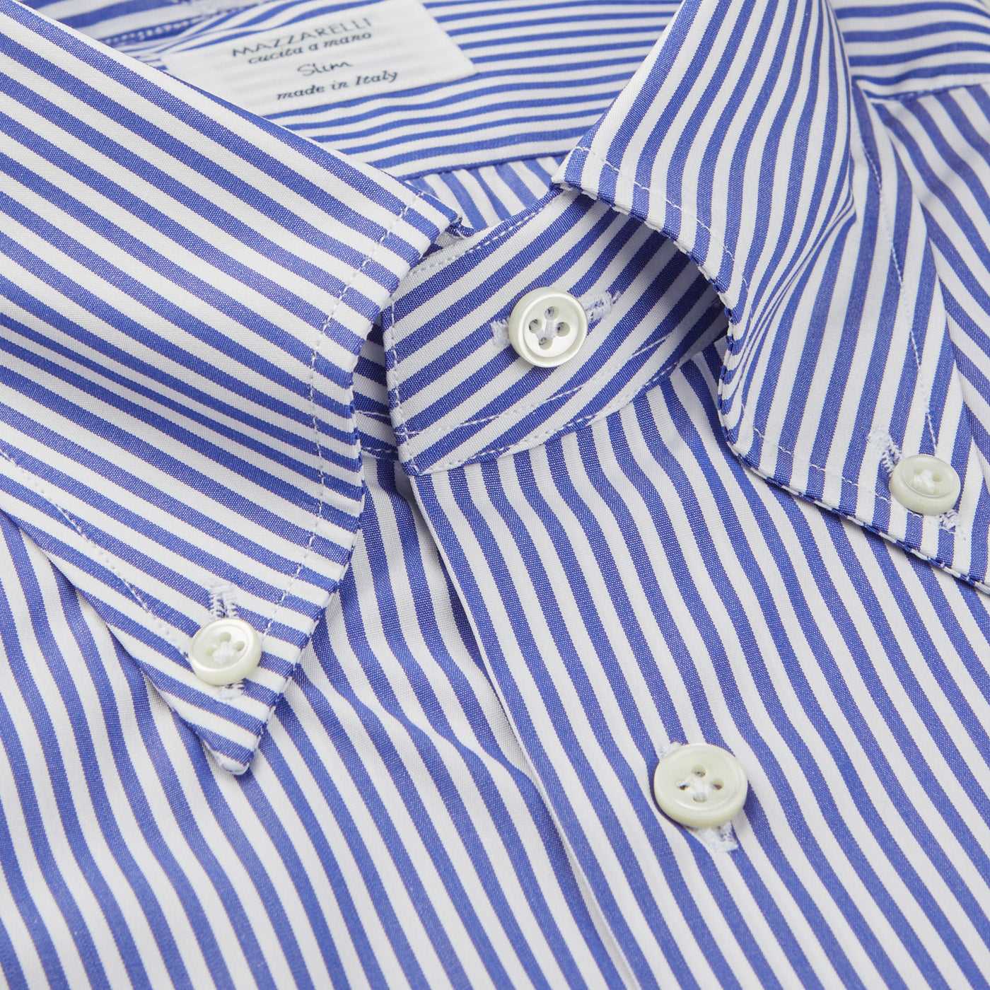 A close up of a White Blue Striped Cotton BD Slim Shirt by Mazzarelli.