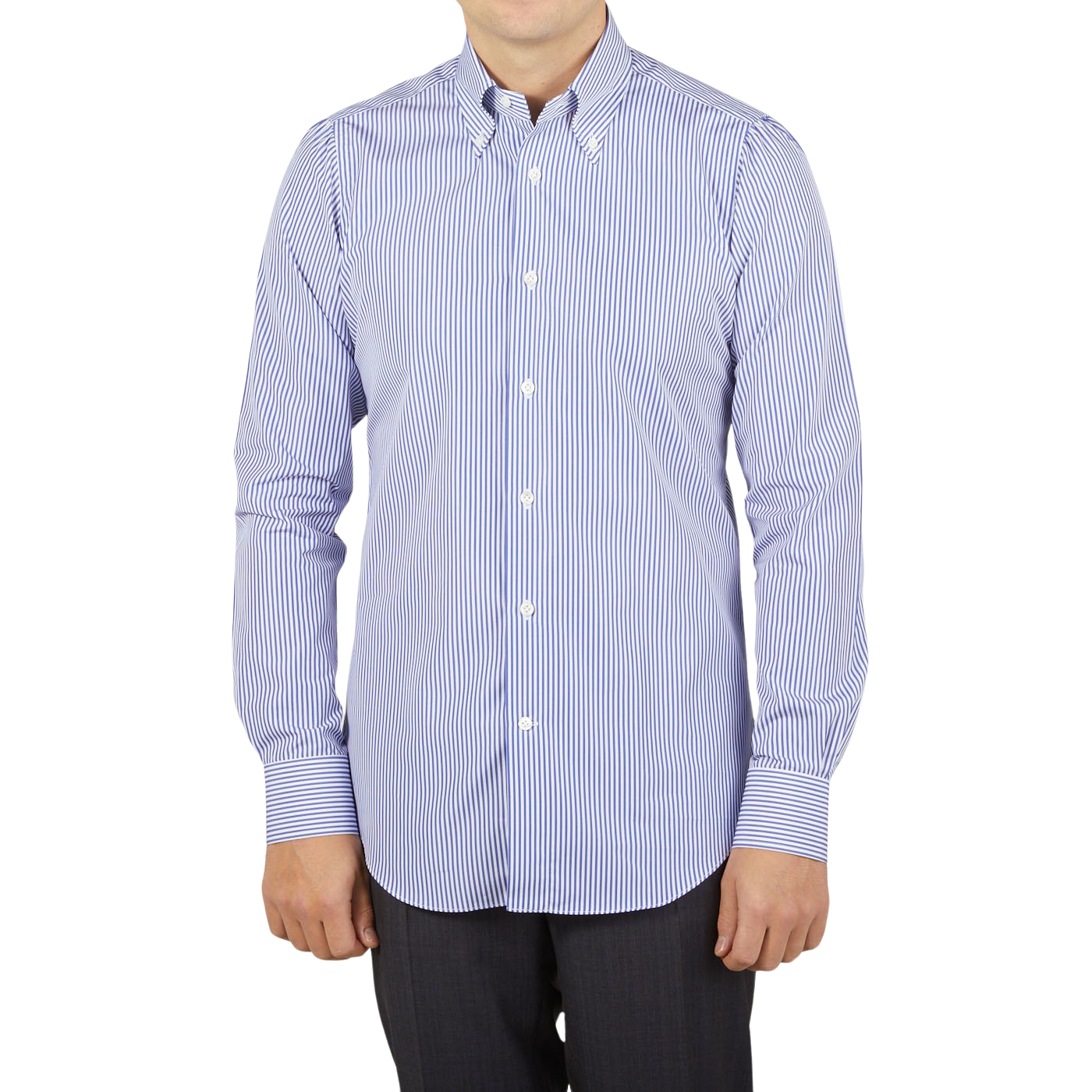 A slim man wearing a Mazzarelli White Blue Striped Cotton BD Slim Shirt.