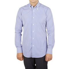 A slim man wearing a Mazzarelli White Blue Striped Cotton BD Slim Shirt.