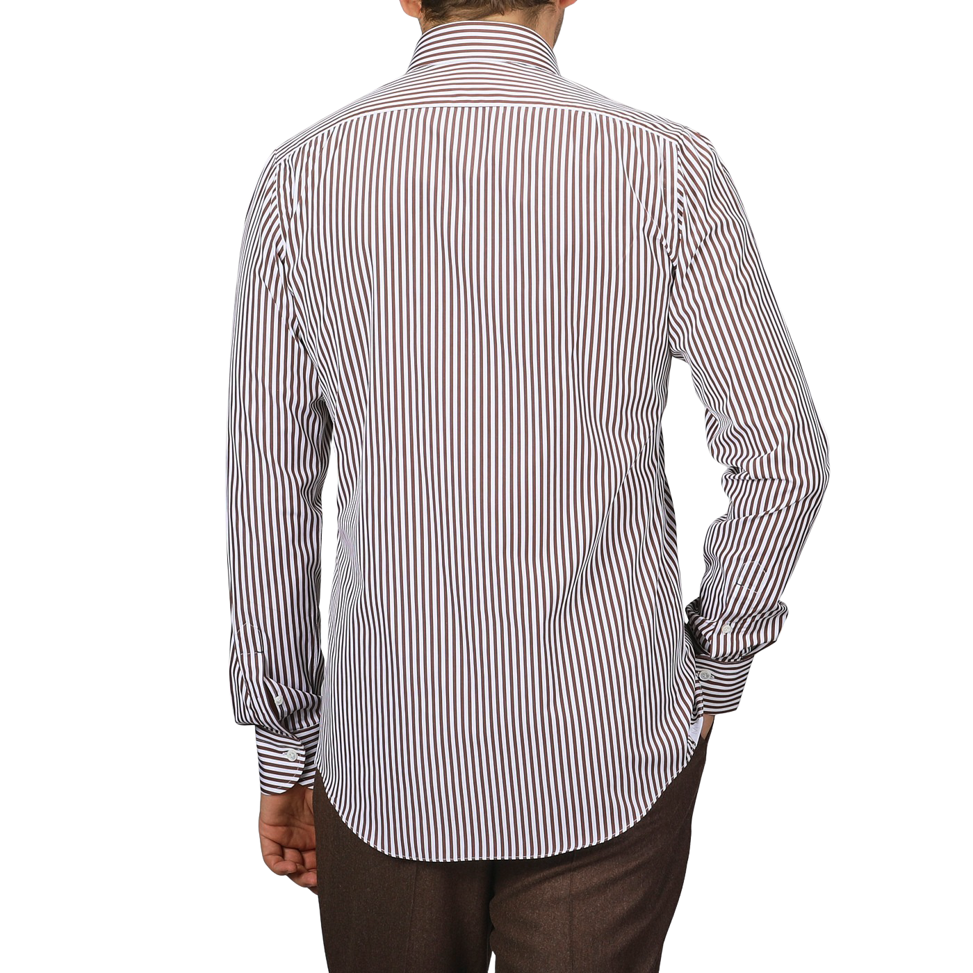 A person in a White Brown Striped Cotton BD Slim Shirt by Mazzarelli, featuring a button-down collar, faces away from the camera.