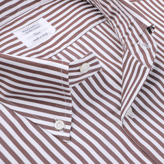 Close-up of a seasonal shirt with brown and white stripes, featuring a button-down collar and a visible label that reads "Mazzarelli, made in Italy.