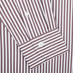 Detailed image of the sleeve from Mazzarelli's White Brown Striped Cotton BD Slim Shirt, highlighting its pure cotton fabric and refined white buttons.