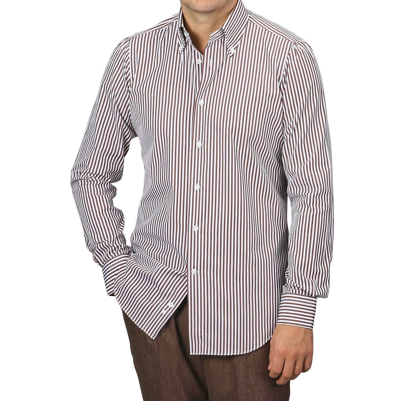 A person wears the White Brown Striped Cotton BD Slim Shirt by Mazzarelli with brown pants, standing against a neutral background.