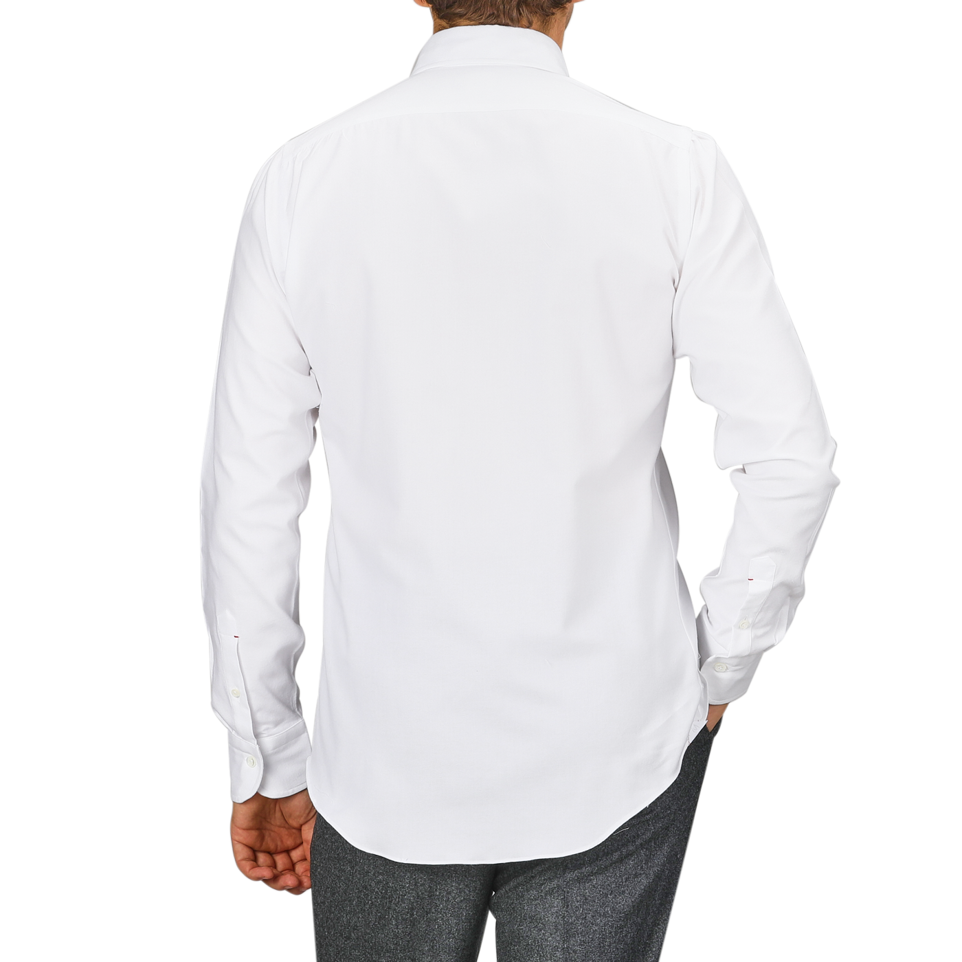 A person wearing the Mazzarelli White Brushed Cotton Twill BD Slim Shirt and gray pants is shown from behind against a neutral background.