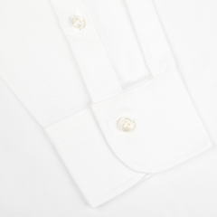 Close-up of the cuff on the Mazzarelli White Brushed Cotton Twill BD Slim Shirt, showcasing two buttons and smooth, textured cotton twill fabric.